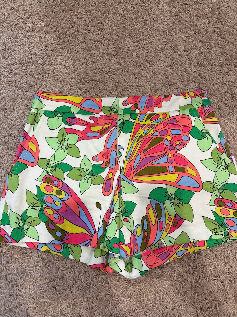 Trina Turk White High-Waist Butterfly Print Shorts with Pink and Green